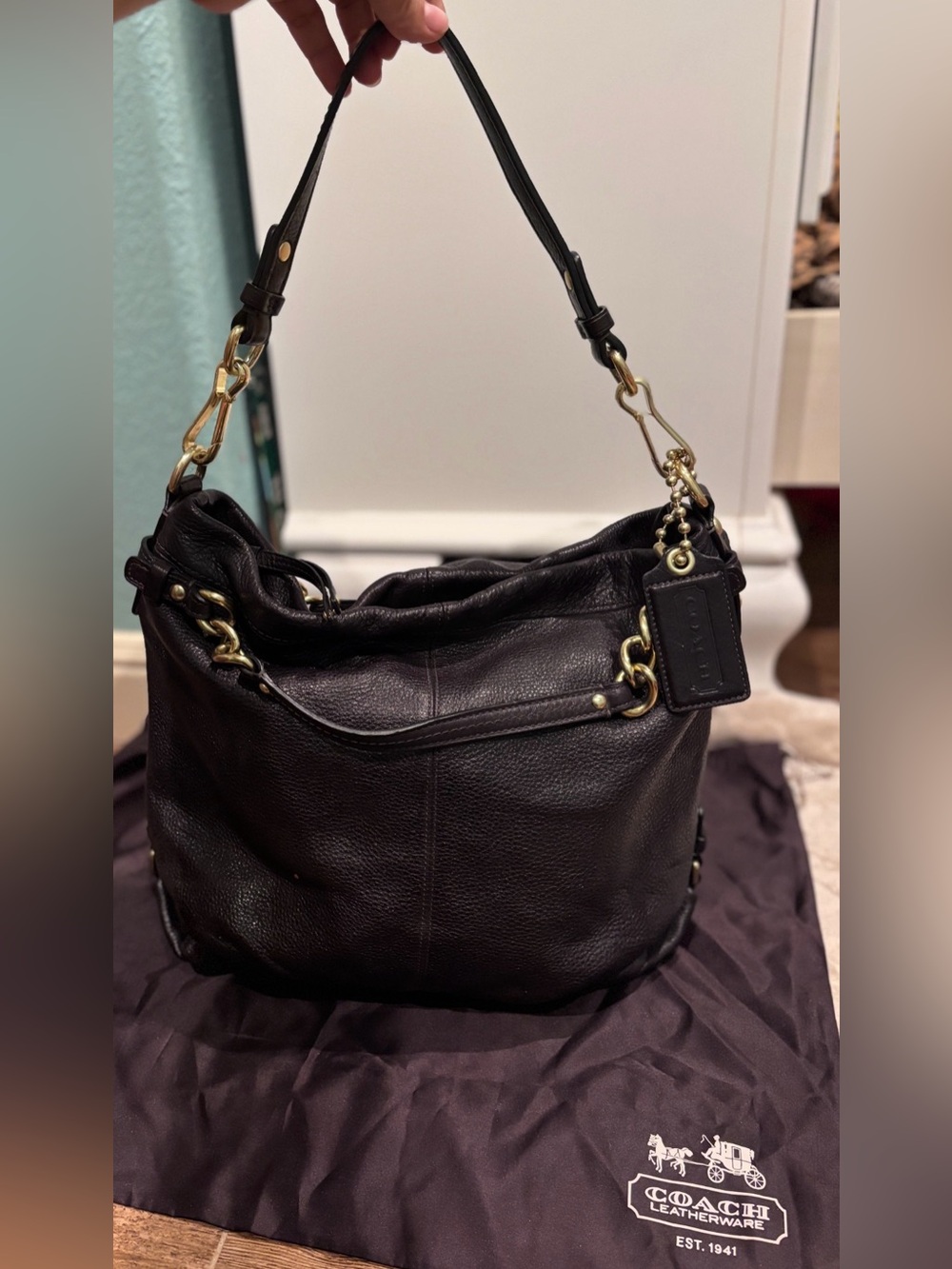 Coach Dark Brown Pebbled Leather Shoulder Bag with Brass Hardware
